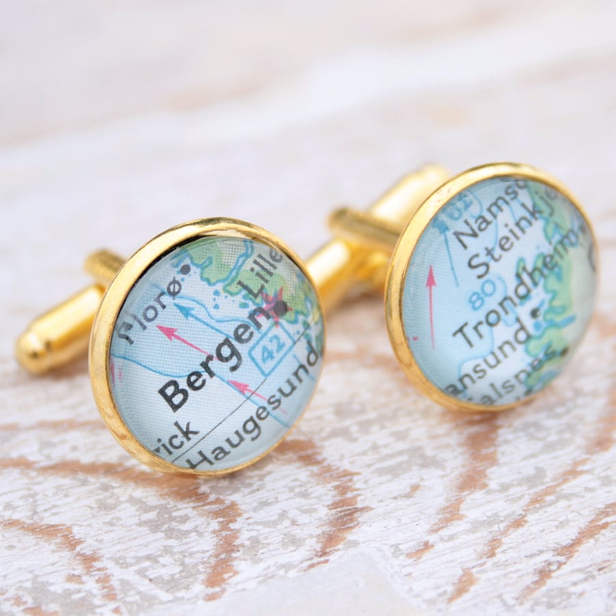 Gold Custom Map Location Cufflinks Personalised Gift for Men