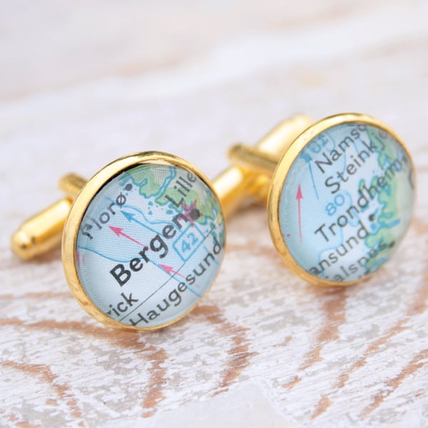 Gold Custom Map Location Cufflinks Personalised Gift for Men