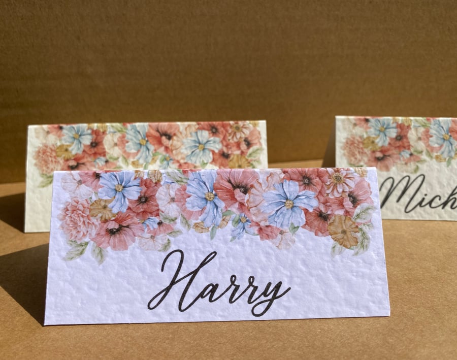 6x table name place CARDS blush pink blue flowers foliage wedding seating decor