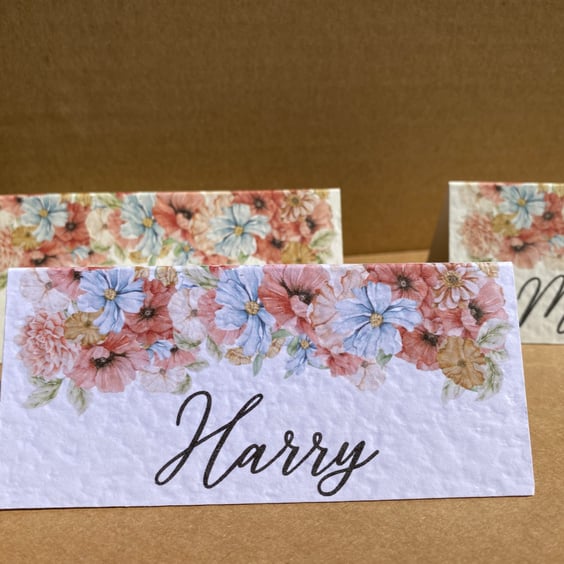 6x table name place CARDS blush pink blue flowers foliage wedding seating decor