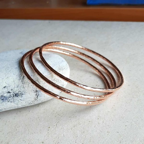 Hammered Copper Bangle - Copper Stacking Bracelet - Single or Set of 3