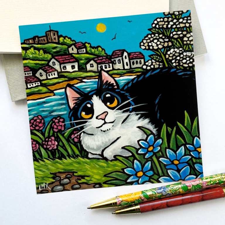 Riverside Cat Postcard – Coastal Whitby-Inspired Feline Art