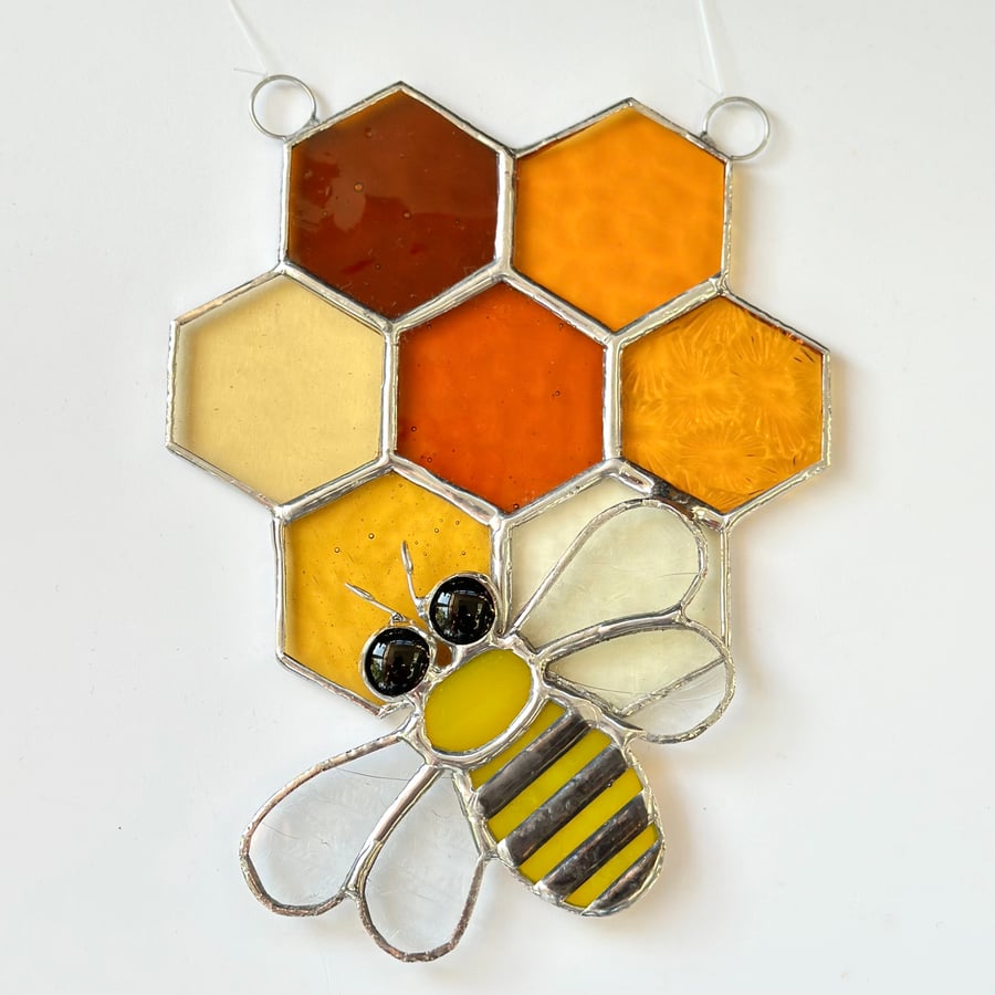 Stained Glass Honeycomb and Bee Suncatcher - Handmade Window Decoration - Amber