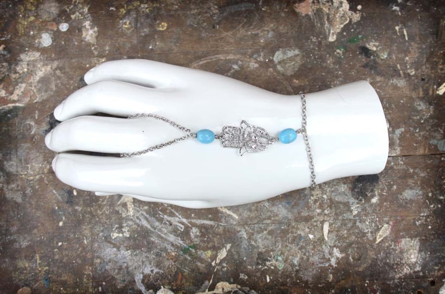 Silver Hamsa Hand Charm Turquoise Bead Bracelet Ring