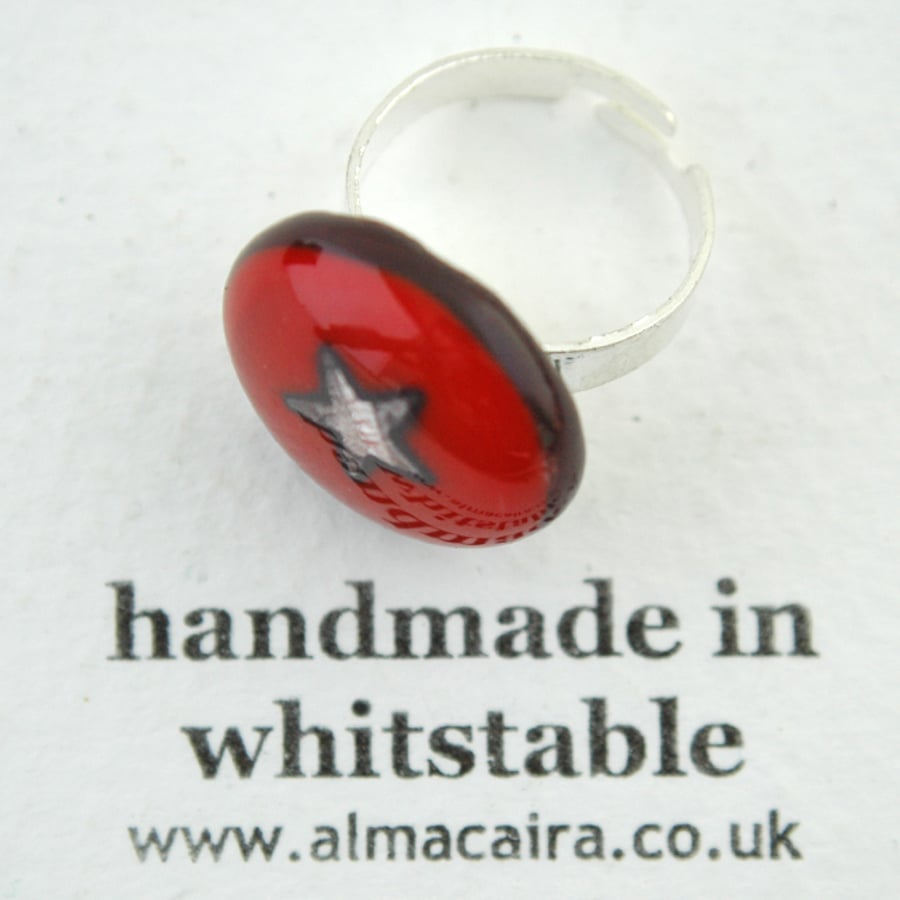 Fused Glass Red and Silver Star Ring