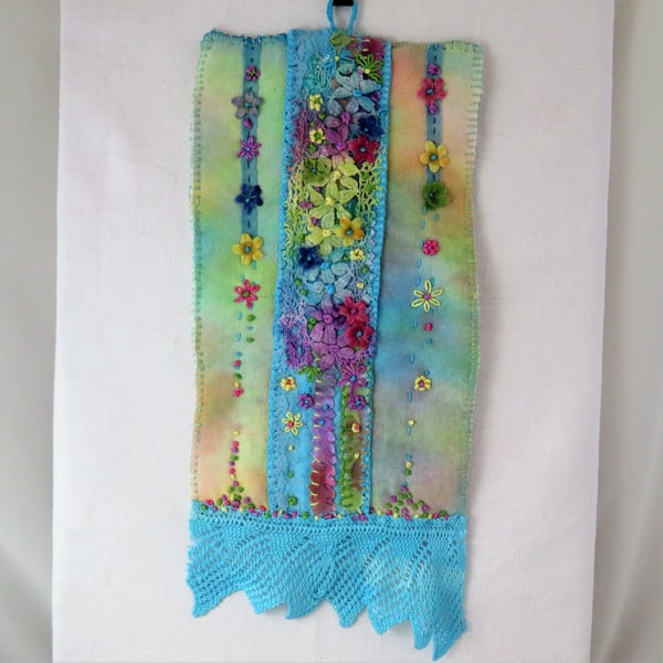 SALE - Cascade of Flowers Textile Hanging - painted embroidered linens and lace