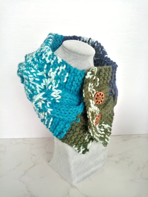 Merino Fair Isle Style Cable Knit Neck Warmer, Handmade Scarf