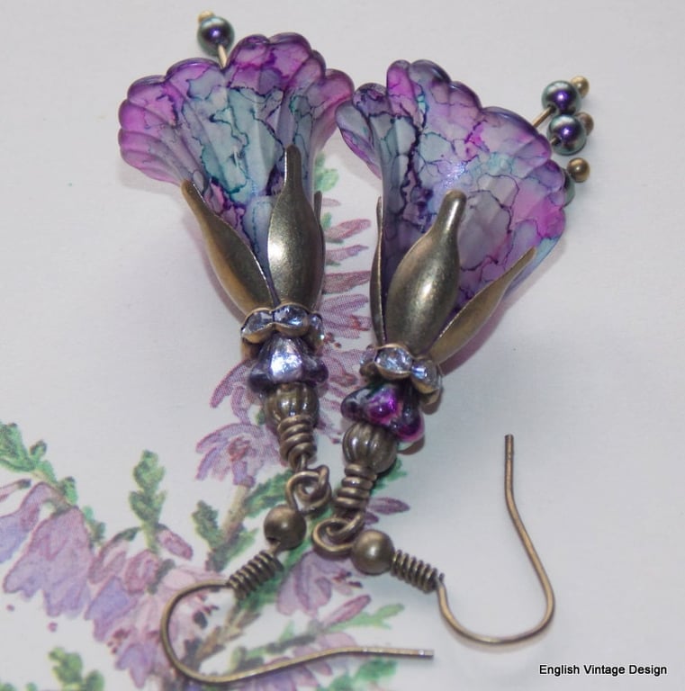 Purple "HEATHER" Hand Painted Lucite Flower Vintage Style Earrings