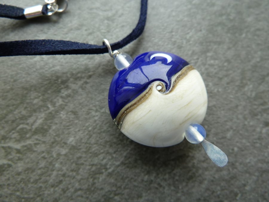 faux suede necklace, blue moon lampwork pendant