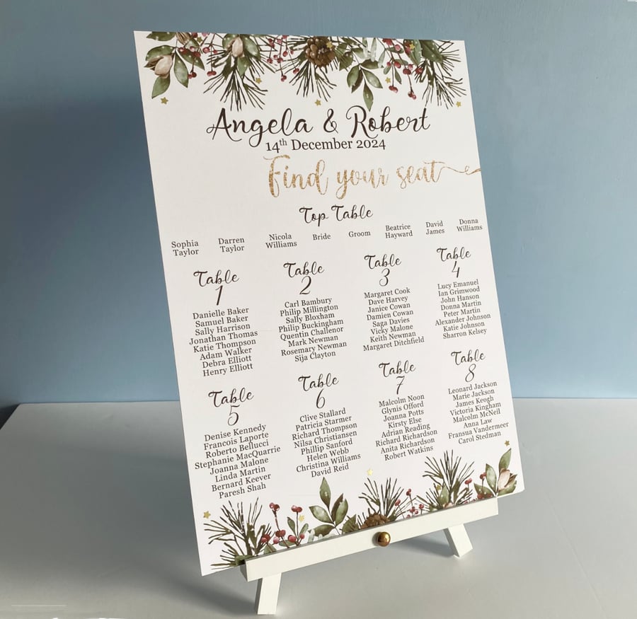 Christmas WEDDING table seating PLAN board greenery foliage festive decor