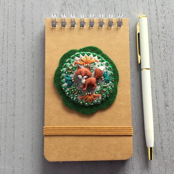Hand Embroidered Fox Notebook and Pen Set 