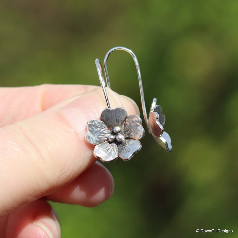 Hand pierced, sterling silver dogrose drop earrings