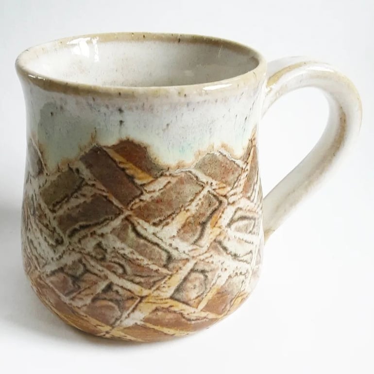 Caramel and Cream Patterned Glazed Mug - Hand Thrown Stoneware Ceramic Mug 