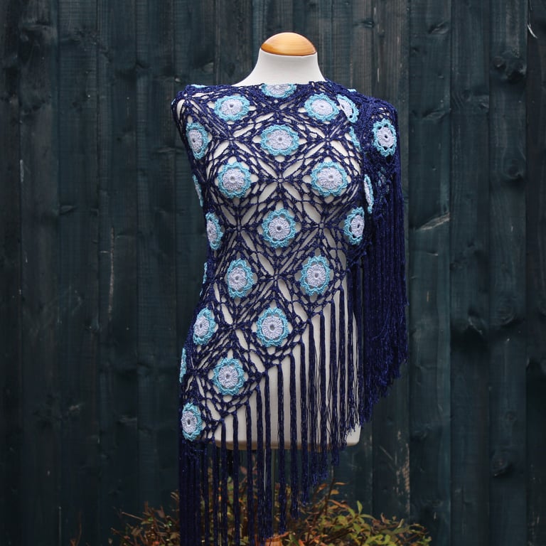 Crochet triangular shawl in sparkly silver, mid-blue & navy - design LF433