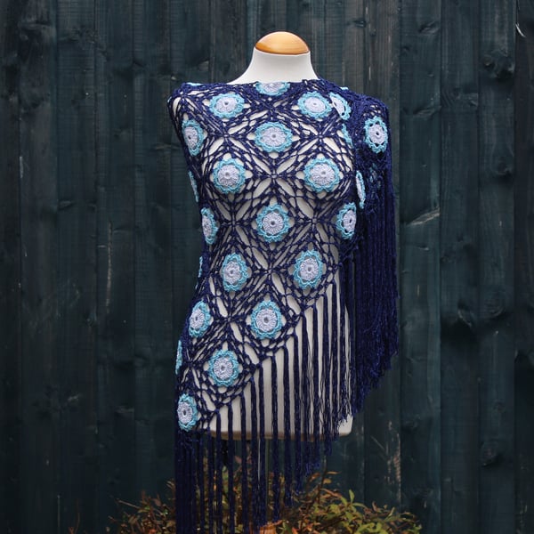 Crochet triangular shawl in sparkly silver, mid-blue & navy - design LF433