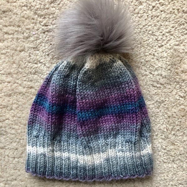 Hand Knitted Hat with removable pom pom (DK) to fit most adults
