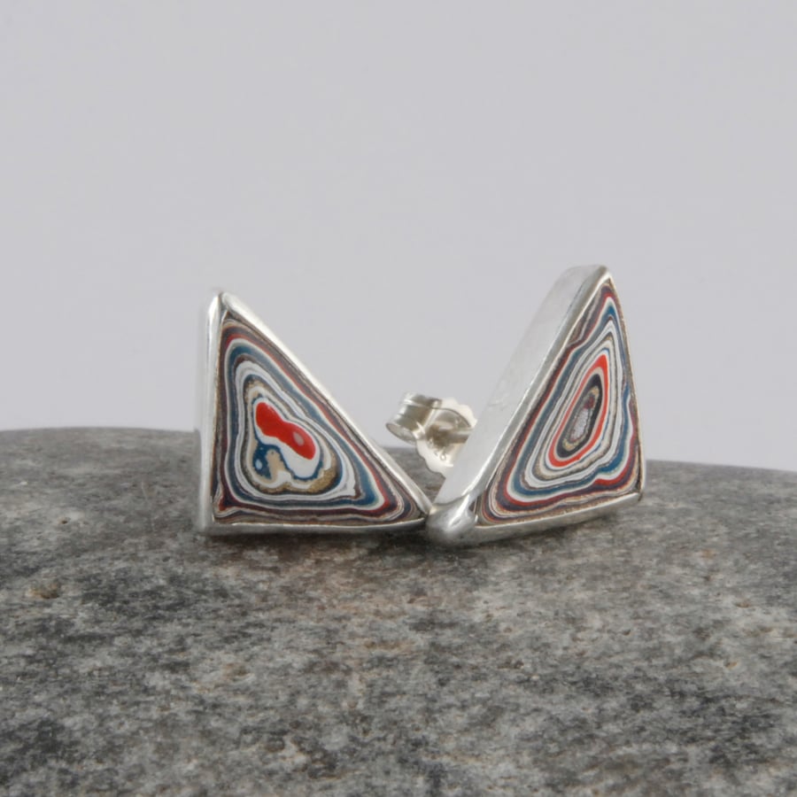 Sterling silver and fordite triangular stud earrings