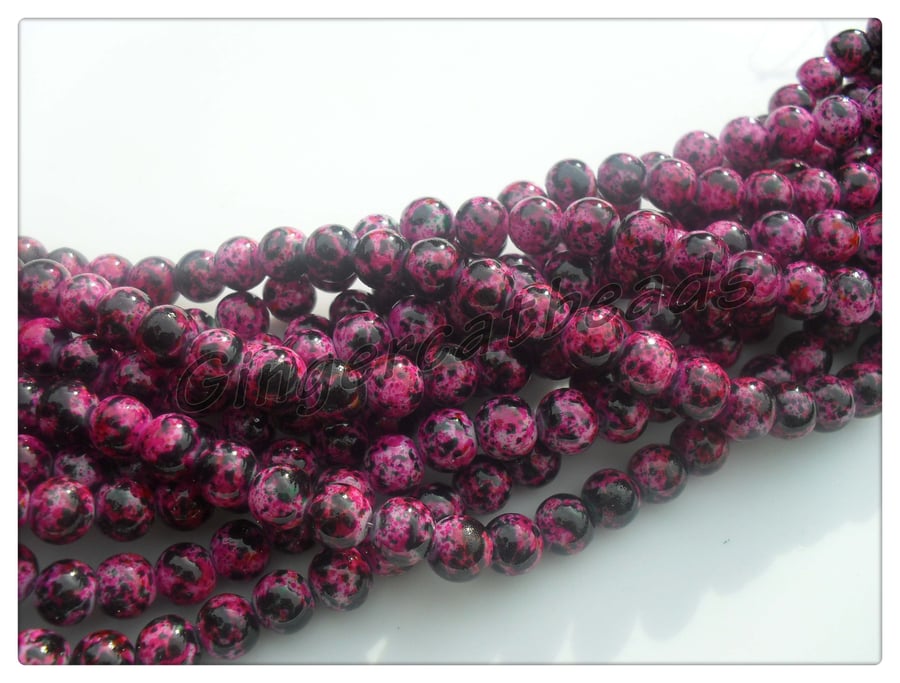 30 x Mottled Stone Effect Glass Beads - Round - 8mm - Pink 