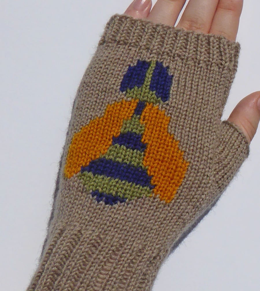 Bee Knitted Fingerless Gloves made in merino wool