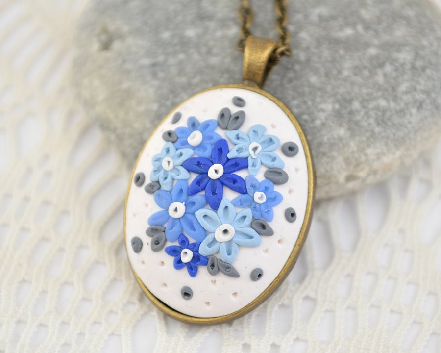 Polymer Clay Floral Pendant in Shades of Blue