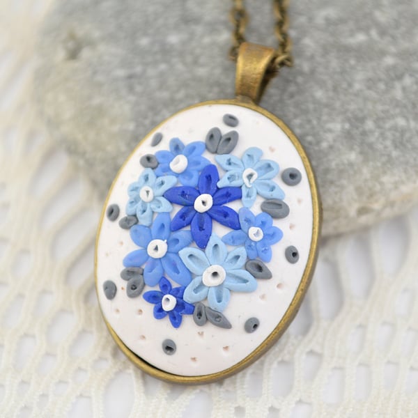 Polymer Clay Floral Pendant in Shades of Blue