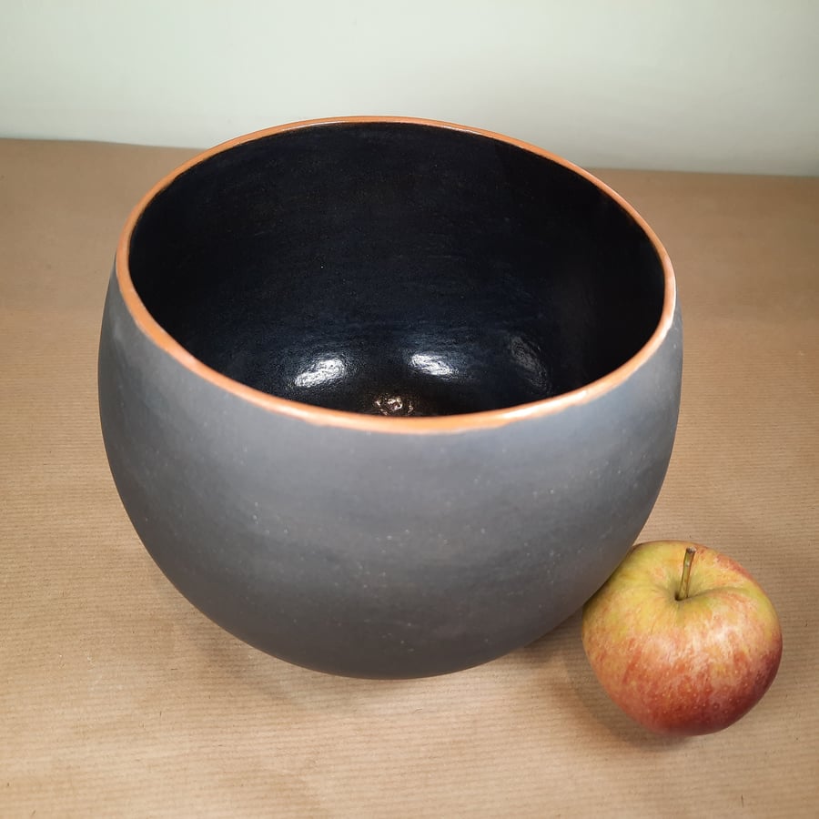 Large half glazed ceramic bowl - made from naturally black stoneware clay