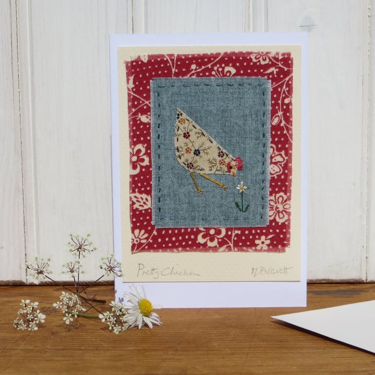 Pretty little hand-stitched hen card, floral print background - card to keep!