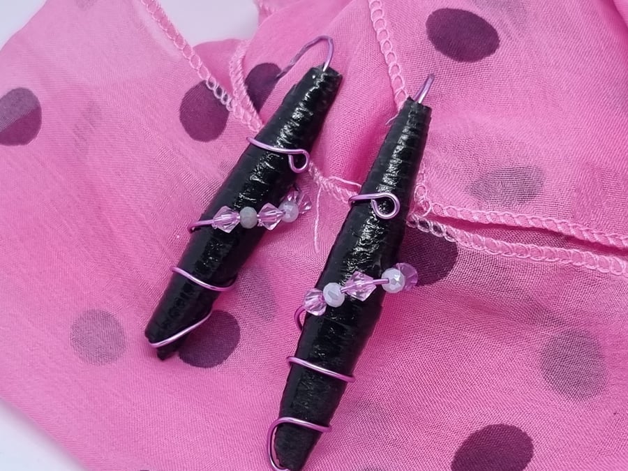 Long black and lilac paper and wire earrings