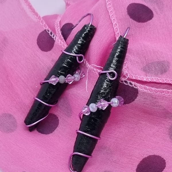 Long black and lilac paper and wire earrings