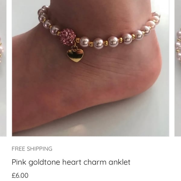 Pink and gold beaded heart charm Anklet ladies kids toddler sizes shamballa 
