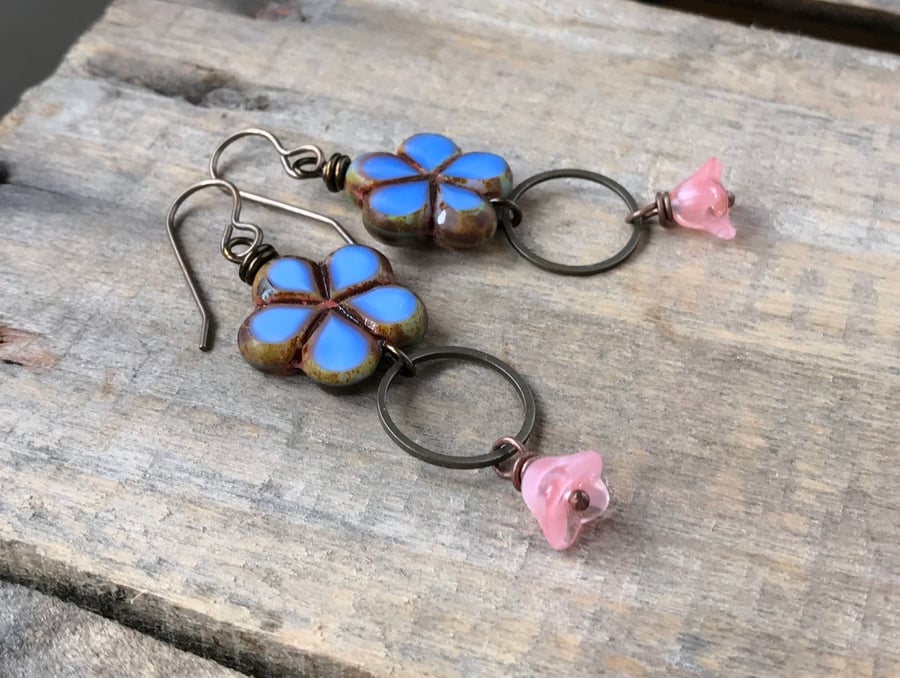 Blue & Pink Flower Earrings. Colourful Czech Glass Earrings. Floral Bead Earring