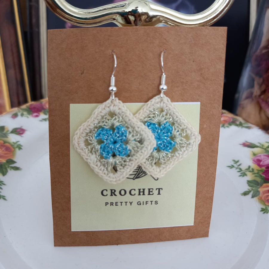 tiny bluewhite granny square earrings, gifts for her, GrannySquares, boho earrin