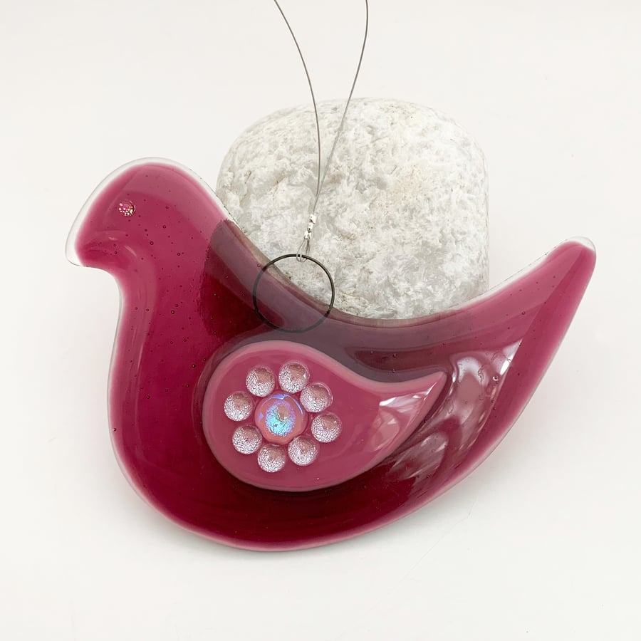 Seconds Sale - Fused Glass Dark Pink Bird Hanging - Handmade Glass Suncatcher