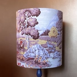 Country Landscape Deer STAG and Huntsman Barkcloth Vintage Fabric Lampshade