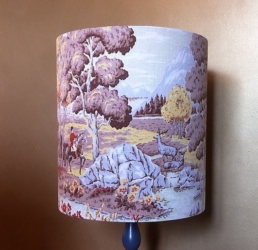 Country Landscape Deer STAG and Huntsman Barkcloth Vintage Fabric Lampshade