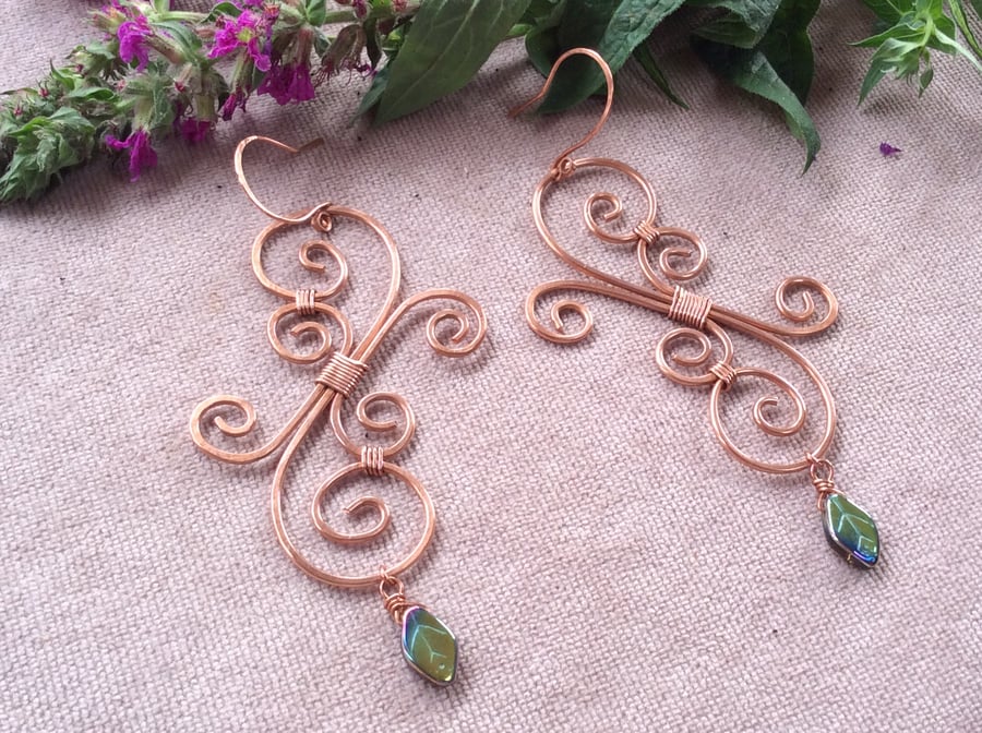 Vintage Scroll Copper Earrings 
