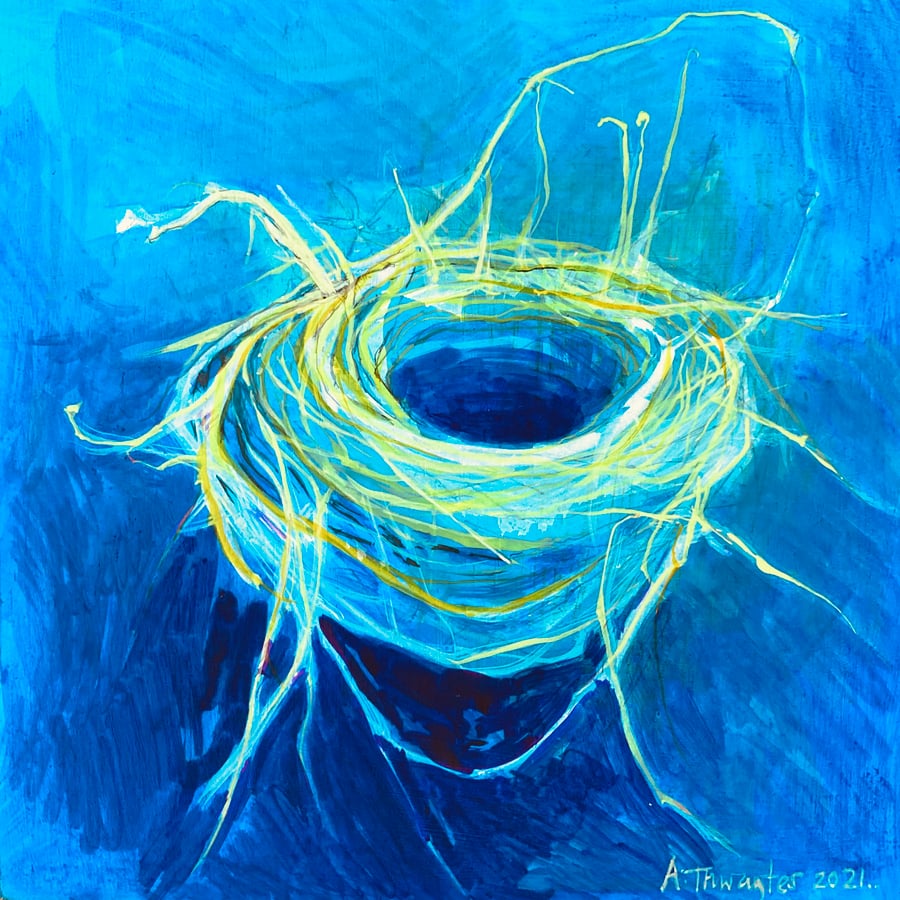 Nest - floating in the blue, original painting on wood panel