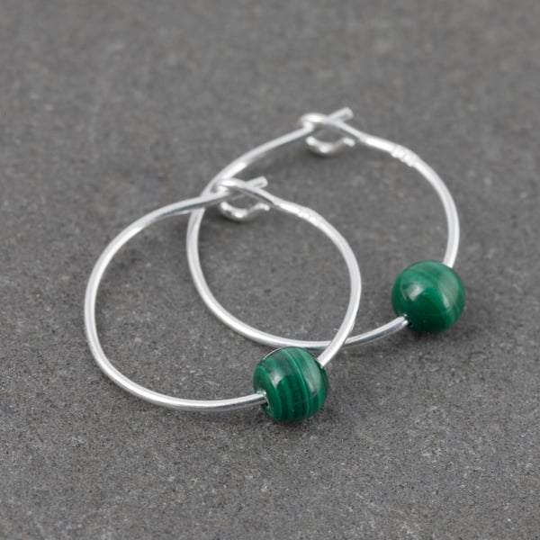 Boho 4mm Green Banded Malachite Gemstone & 15mm Sterling Silver Hoop Earrings