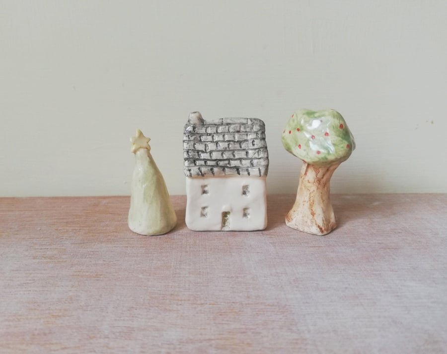 Miniature ceramic house and trees handmade christmas tree stocking filler gift 