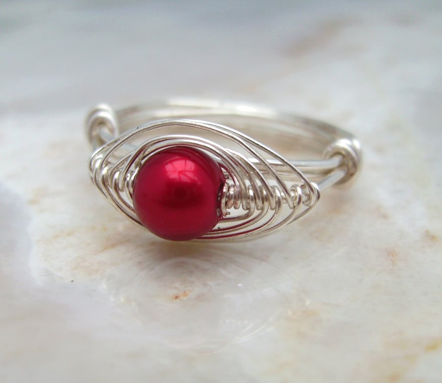  Wire Wrapped Ring with Red Glass Pearl & Silver Plated Wire