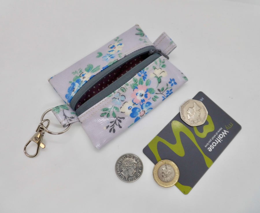 SOLD Key ring coin purse in lilac floral oilcloth 