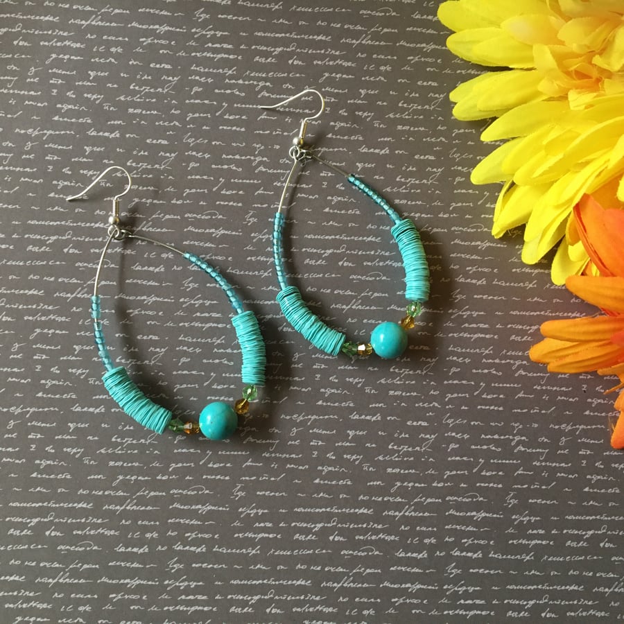 Sky blue- turquoise oval hoop dangle earrings,