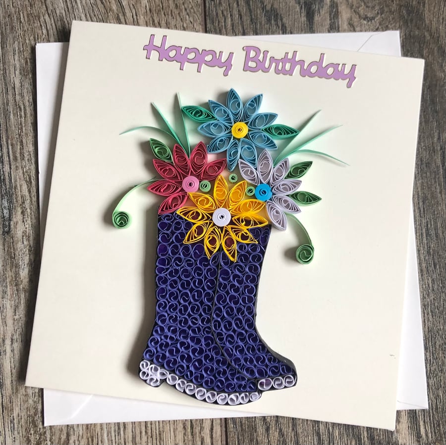Handmade quilled purple welly card