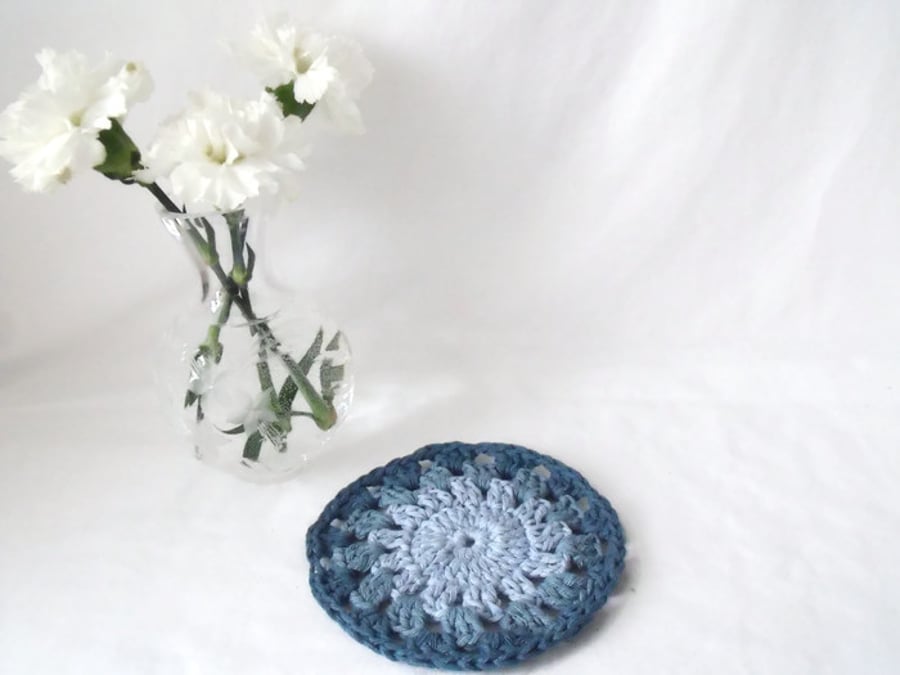 small denim blue cotton crocheted doily, crochet mug rug