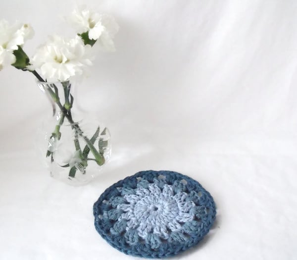 small denim blue cotton crocheted doily, crochet mug rug