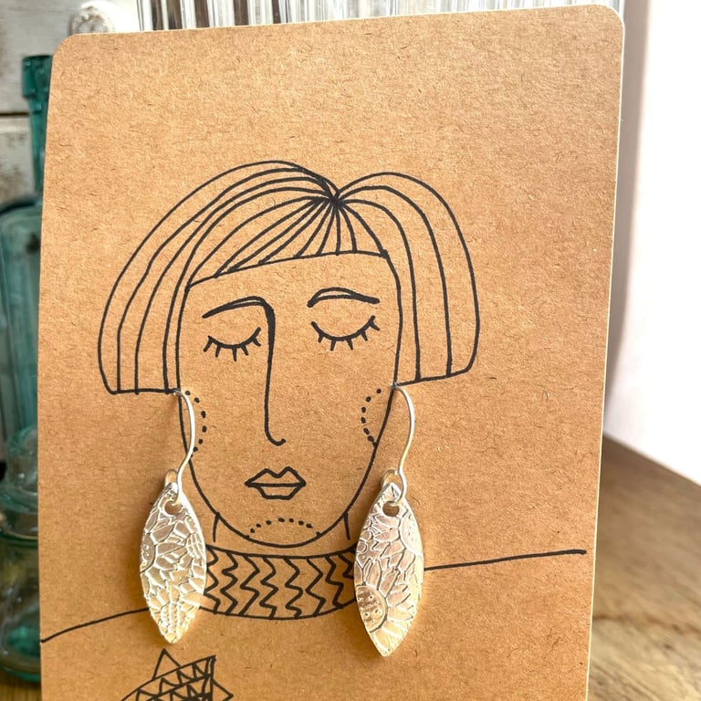 Fine Silver drop earrings with hand drawn gift card - sunflowers