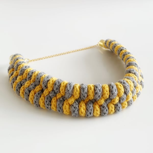 Cotton Grey and Yellow Necklace, Chunky sustainable fashion, Eco Friendly Gifts