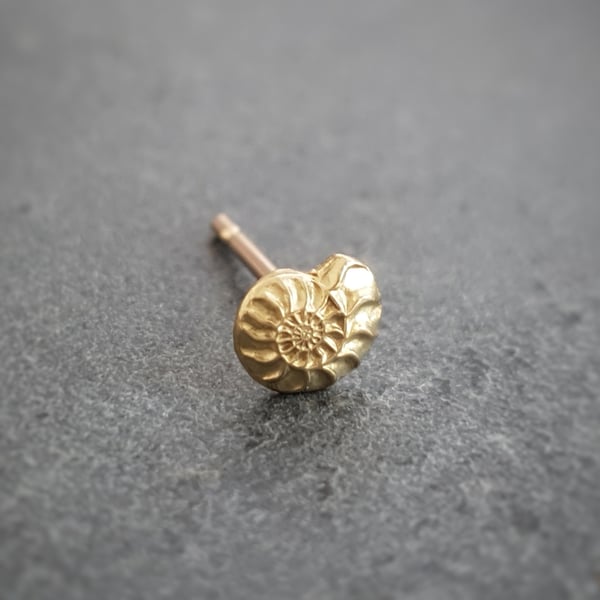 Gold ammonite fossil ear stud earring, single