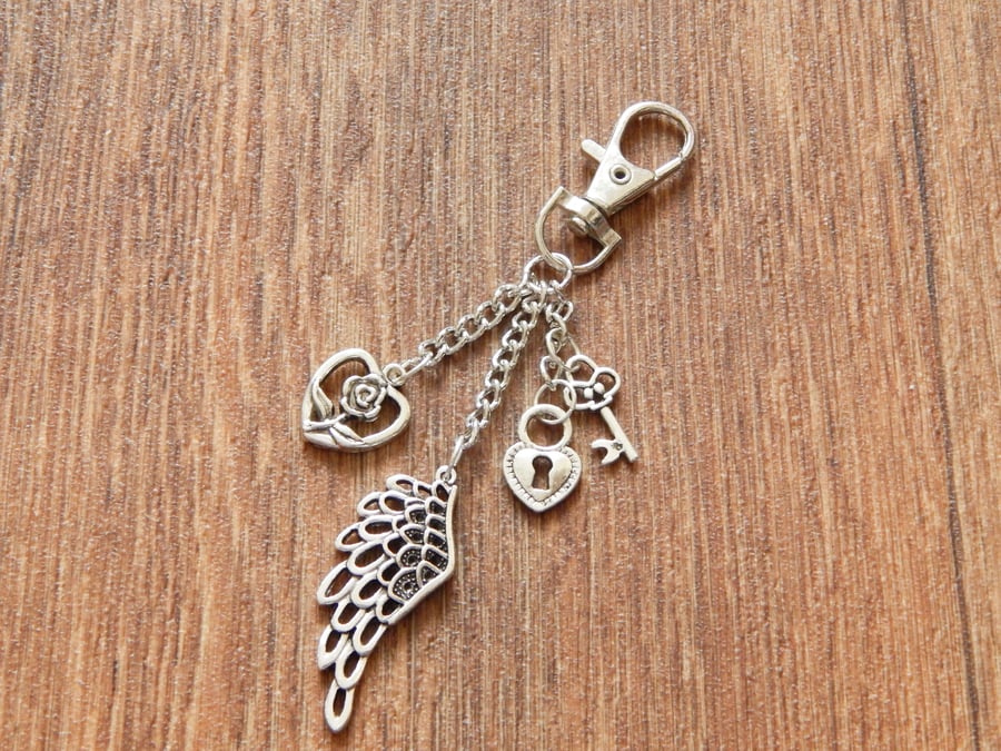 SALE Silver Angel Wing, Heart and Key Journal, Bag Charm