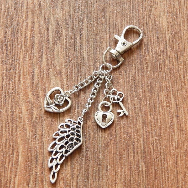 SALE Silver Angel Wing, Heart and Key Journal, Bag Charm